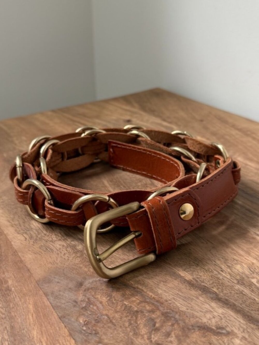 VINTAGE Made in Italy Boho Leather O-Ring Interlocking Link Belt Solid Brass